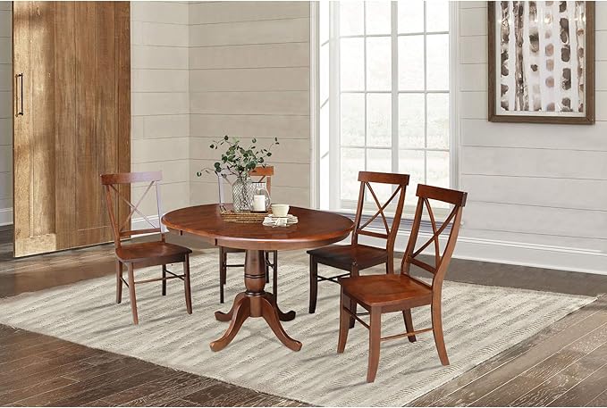 International Concepts 36" Round Top Pedestal Ext Table With 12" Leaf And 4 X-Back Chairs, Espresso
