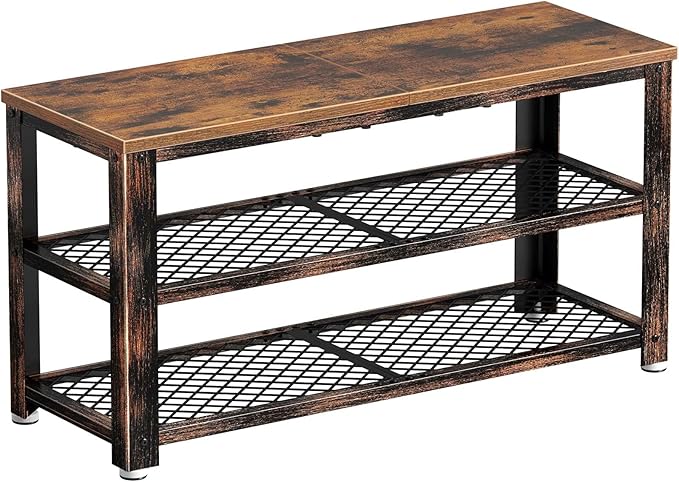 Rolanstar Shoe Bench, 3-Tier Shoe Rack, 28.7” Storage Entry Bench with Mesh Shelves Wood Seat, Rustic Foyer Bench for Hallway Front Door, Doorway, Living Room, Mudroom, Steel Frame, Rustic Brown
