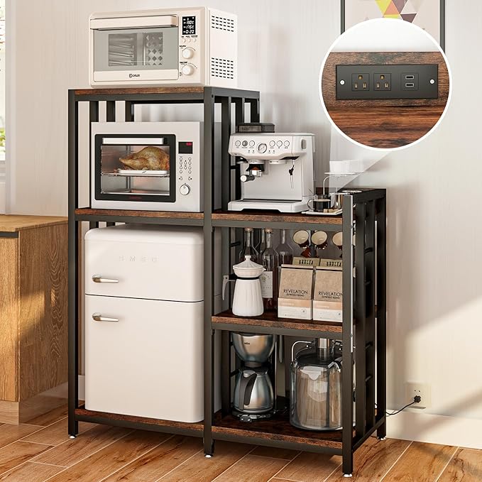 6-Tier Adjustable Mini Fridge Cabinet with Power Outlet,Kitchen Bakers Rack with Storage,Mini Fridge and Microwave Stand,Coffee Bar, Free Standing Shelf for Kitchen, Home Office,Rustic Brown