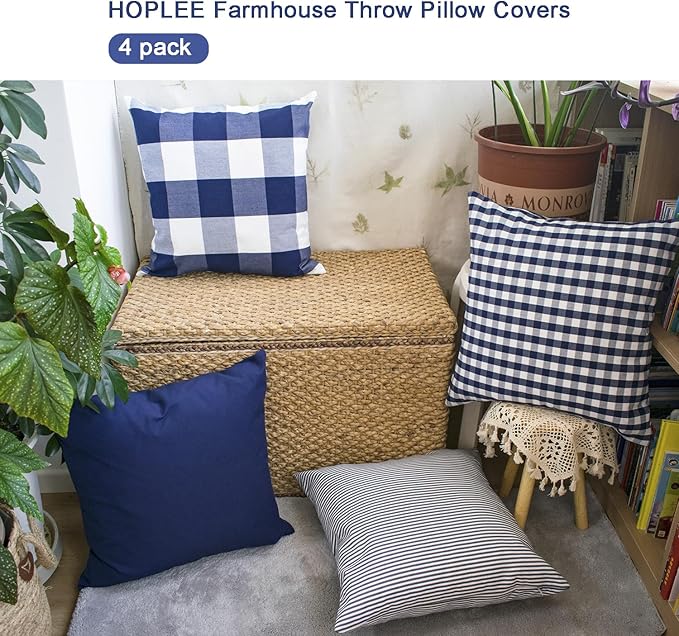 HOPLEE Christmas Pillow Covers 18x18 Nautical Blue and White Pillow Covers with Buffalo Plaid, Solid Navy Blue, Striped and Gingham Plaid Design 18x18 inch,4 Pack