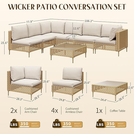 LHBcraft 7-Piece Wicker Outdoor Patio Furniture Set, Modular Rattan Outdoor Furniture, Patio Conversation Sets, Handmade Rattan, Water Resistant Fluffy Cushions and Coffee Table, Beige