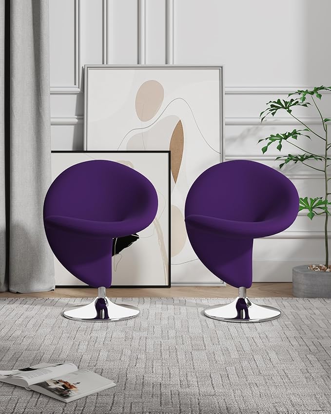 Manhattan Comfort Curl Mid Century Modern Wool Blend Upholstered Living Room Swivel Accent Chair with Chrome Metal Base, Set of 2, Purple