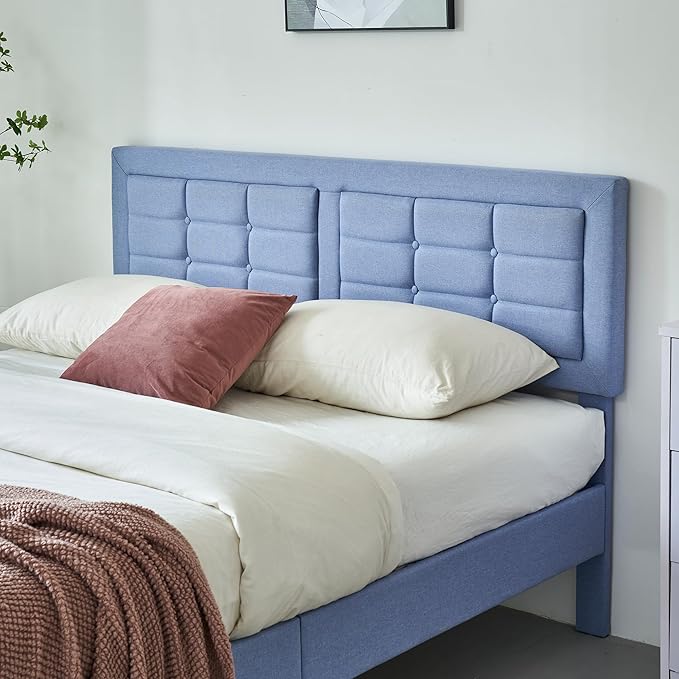 VECELO Full Size Bed Frame with Adjustable Headboard, Upholstered Button Tufted Platform Bedframe with Wood Slats Support, No Box Spring Needed, Light Blue