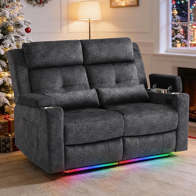 RV Loveseat Recliner Sofa, Power Reclining Loveseat with 4 LED Lights, USB Ports, Power Wall Hugger Recliner Loveseat with Arm Storage, 2 Cushions for Living Room, Bedroom, Home(Grey, 2 Seat)