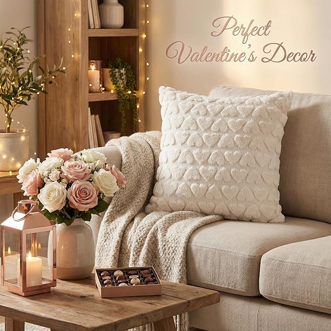 Valentine Pillow Covers 20x20 Inch Set of 2 Valentines Day Decorations Heart Cream White Heart Plush Faux Fur Pillow Covers for Sofa Bed Living Room Holiday Home Decor
