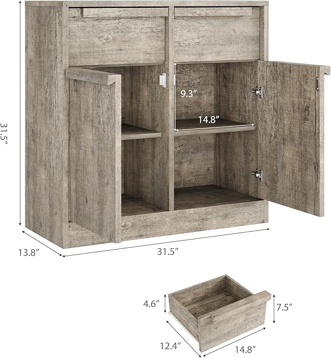 GarveeHome Sideboard Buffet Cabinet with 2 Drawers, 31.5 in Large Coffee Cabinet with Storage, Modern Storage Buffet Table for Kitchen Dining Room, Living Room (Grey, 2 Doors & 2 Drawers)