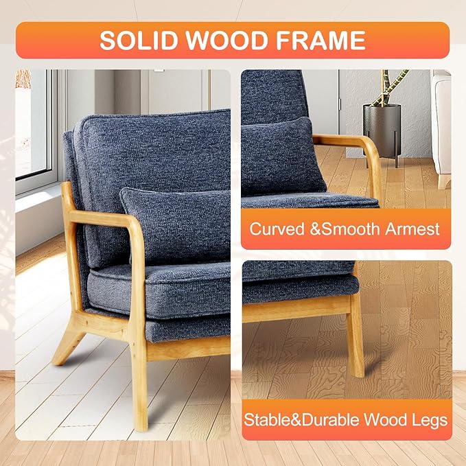 Modern Accent Chair Set of 2 with Lumbar Pillow, Relaxing Mid Century Chair Armchair with Solid Wood Frame & Soft Cushion, Reading Leisure Armchair for Living Room, Blue