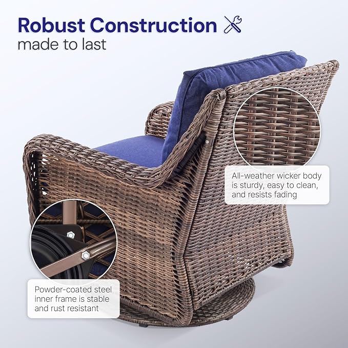 Cambridge Swivel Rocking Patio Chair, Hand-Woven HDPE Wicker Outdoor Rocker with Cushioned Seat and Round Base, All-Weather Porch & Patio Seating, Midnight Navy Blue
