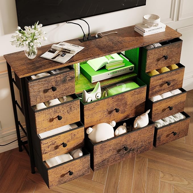 Dresser for Bedroom with 10 Drawers, Storage Organizer TV Stand for 55" TV with LED Lights and Sockets, Fabric Chest of Drawers with PU Finish for Kid Room, Living Room, Hallway, Brown