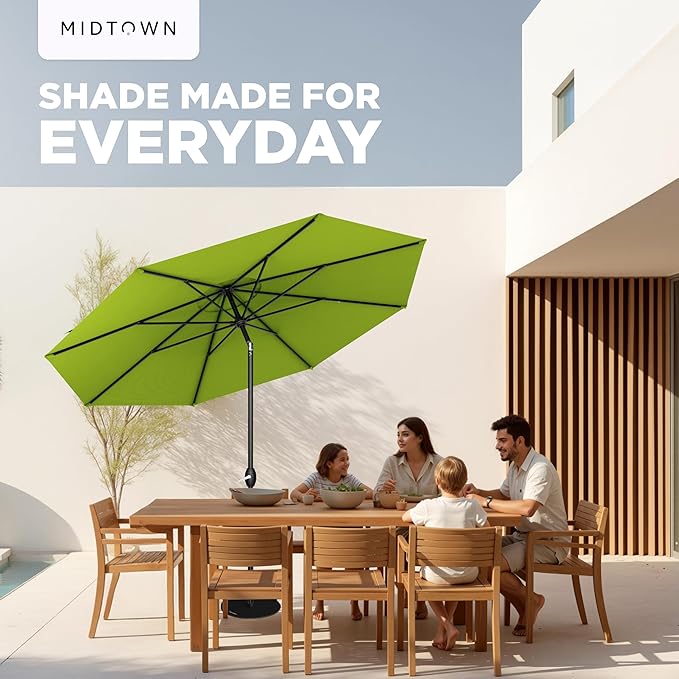 Midtown Umbrellas - 10-Year-No-Fade 9 Ft Patio Umbrella with Terylast Fabric, Auto-Tilt Aluminum Frame and 8 Reinforced Ribs for Deck, Pool, Garden & Beach - Pear Green Canopy, Black Pole