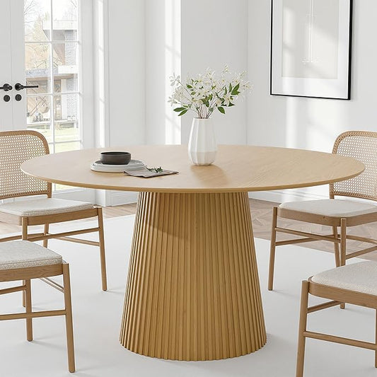 Casaphoria 52" Round Dining Table, Modern Wood Kitchen Table with Cone Grating Bar Base for Living Room & Dining Room, Easy Assembly Farmhouse Furniture for 4-6, Oak