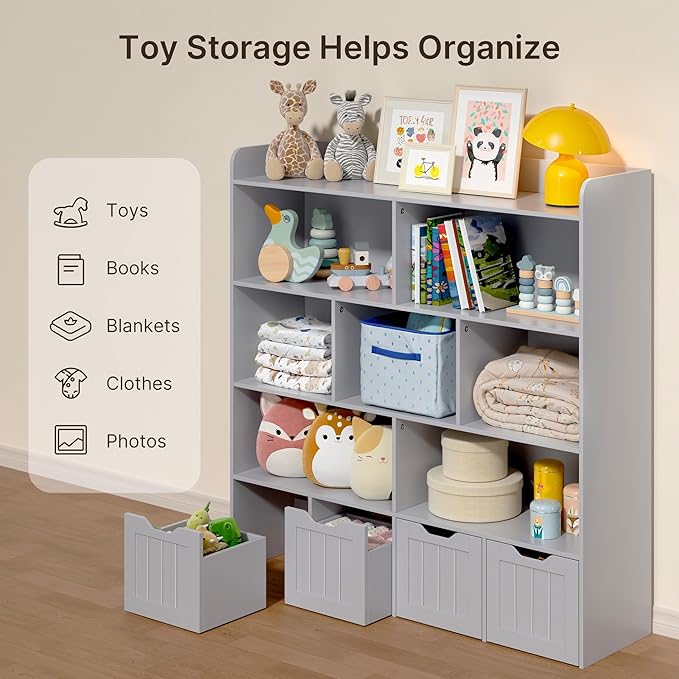 Gizoon Toy Storage Cabinet and Kids Bookcase with 4 Movable Drawers and 8 Open Shelves Toy Chest Shelf Organizer with Hidden Wheels for Playroom Nursery Kids Room, Grey