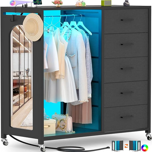 Cyclysio Dresser for Bedroom with Clothes Rack & Mirror, 5 Fabric Drawers Dresser with Charging Station & LED Lights, Rolling Chest of Drawers with Wheels, Full Length Mirror, Wooden Top, Closet
