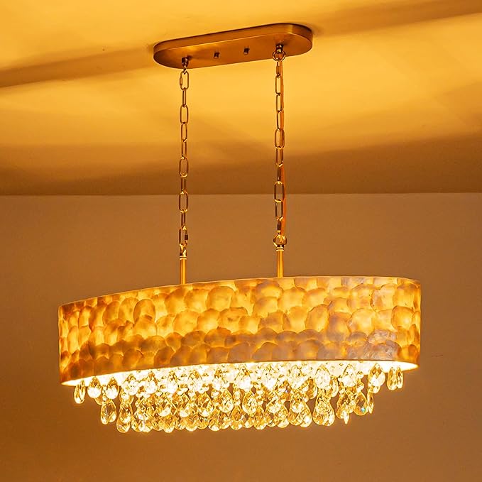 6-Light Oval Capiz Shell Crystal Linear Chandeliers, Coastal Design Light Fixture for Dining Room, Kitchen Island, L32xW12xH19~65 Inch(Adjustable), Shell Lampshade & Brass Finish