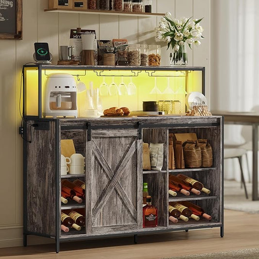 VASAGLE Coffee Bar Cabinet with Power Outlet and Voice Control LED Light, Buffet Cabinet with Sliding Barn Doors, S Hooks, Wine Glass Racks, Bottle Holders, Maple Gray ULSC201G01
