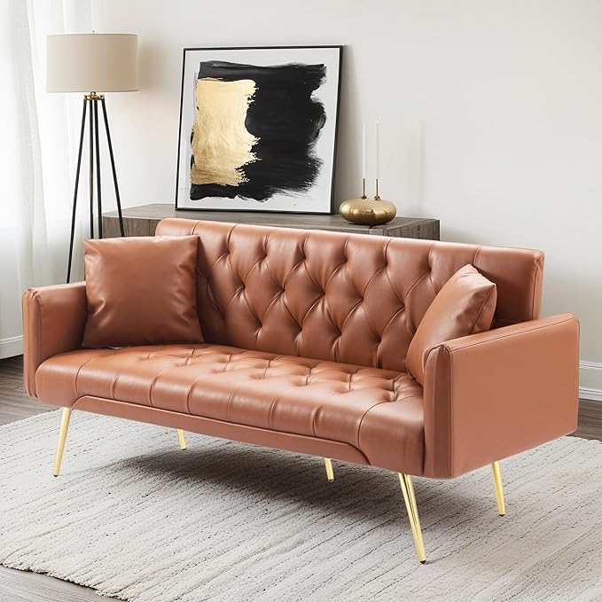Futon Sofa Bed, Convertible Futon Couch with Adjustable Backrest, 68.31” Folding Sofa Bed with 2 Pillows & Metal Legs, Sleeper Loveseat with Armrest for Home Office, Brown