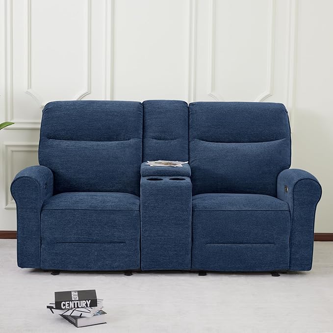 MCombo 78.3" Wall Hugger Power Loveseat Recliner Sofa with Console, Reclining Loveseat with USB Ports, Cup Holders, for Small Spaces Living Room RV, Fabric PR635M2 (Navy Blue)