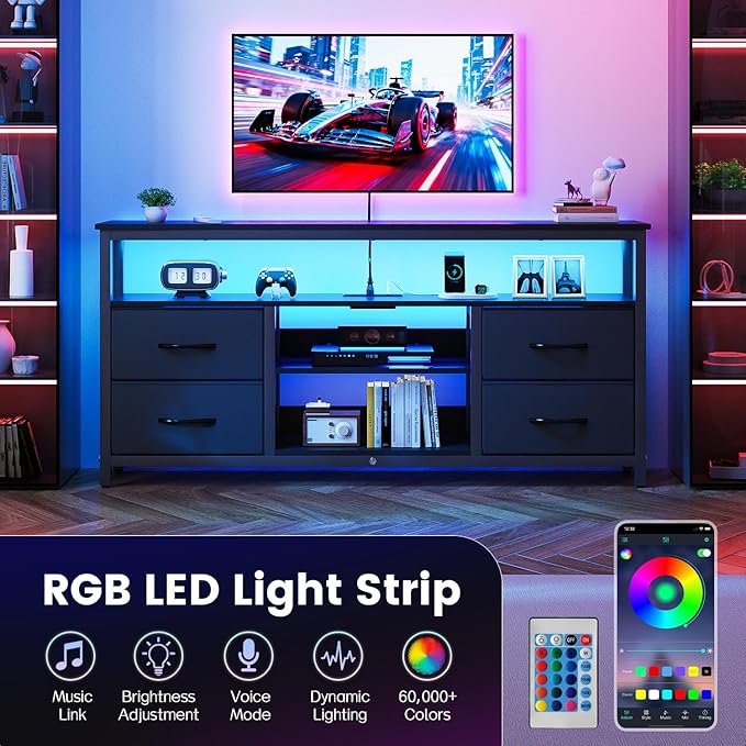 Haewon TV Stand for Televisions up to 65 Inches, Entertainment Center with LED Lights and Charging Station, TV Media Console Table with 4 Fabric Drawers and Open Shelf for Living Room, Black