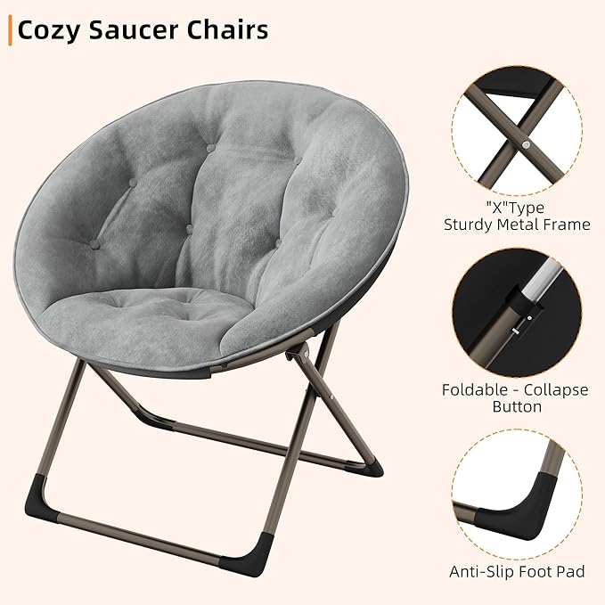 IDEALHOUSE Comfy Folding Padded Saucer Chair, Folding Circle Chair with Metal Frame, Soft Moon Chair for Bedroom, Dorm Rooms, Apartments, Lounging, Garden and Courtyard, Grey with Gold Legs