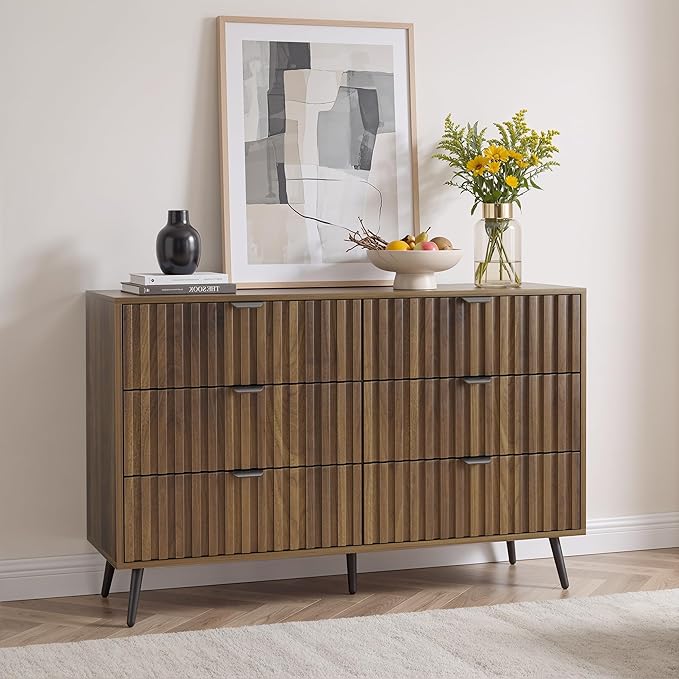 Fluted 6 Drawers Dresser, 47.24" W Modern Chest of Drawers, Mid- Century Modern Wooden Dresser Drawer Organizer for Bedroom, Living Room, Hallway, Entryway, Walnut