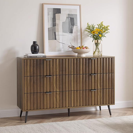 Fluted 6 Drawers Dresser, 47.24" W Modern Chest of Drawers, Mid- Century Modern Wooden Dresser Drawer Organizer for Bedroom, Living Room, Hallway, Entryway, Walnut