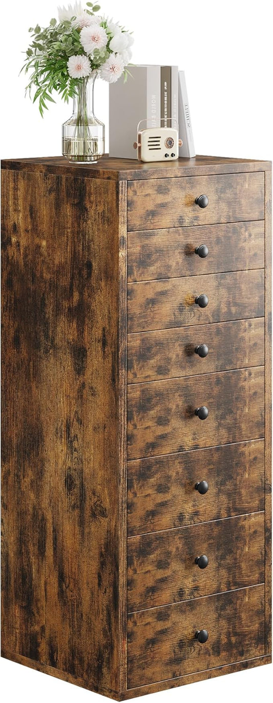 LIKIMIO Tall Dresser, Small Dressers with 8 Storage Drawers, Chest of Drawers for Organizing, Tall Narrow Dresser for Bedroom, Industrial Brown