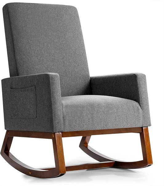 Giantex Upholstered Rocking Chair, Modern Fabric Armchair w/Wood Base, Side Pocket, Linen Padded Seat, High Back Accent Glider Rocker Chair, Mid-Century Leisure Chair for Nursery, Living Room (Gray)