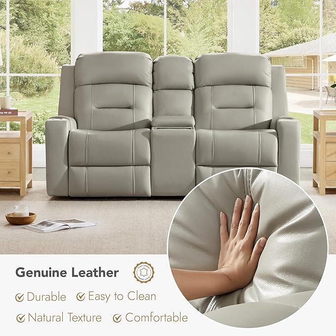 Watson & Whitely Genuine Leather Power Loveseat Recliner Sofa, Lay Flat Reclining Sofa with Console, Power Headrest, Cup Holders & Wireless Charging, Dual Recliner for Living Room, Grey