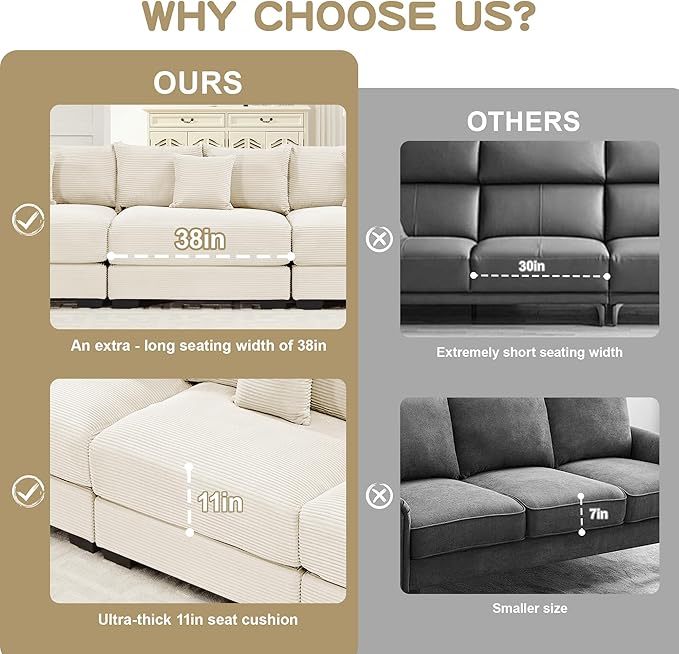 KEIKI 130" Oversized Corduroy Modular Cloud Sectional Sofa with High-Density Foam Cushions, Extra-Thick Armrest, Upholstered Modern 3-Seater Fluffy Corner Couch with 9 Pillow, for Living Room, Beige
