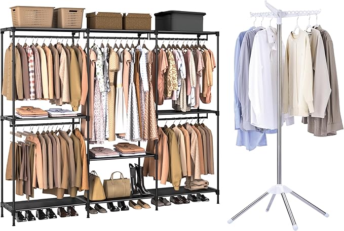Clothes Rack, Portable Closet, 80.7 Inch Extra Large Capacity Wardrobe Closet, Clothes Storage Organizer with Shelves and 5 Hanging Rods, Easy to Assembly, Black PCT036B01