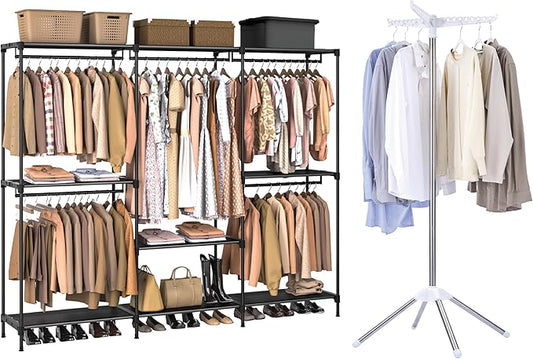 Clothes Rack, Portable Closet, 80.7 Inch Extra Large Capacity Wardrobe Closet, Clothes Storage Organizer with Shelves and 5 Hanging Rods, Easy to Assembly, Black PCT036B01