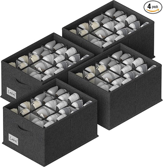 FHSQX 4 Pack Shoe Organizer for Closet,Foldable Shoe Organizer,Fits up to 48 Pairs,Storage Containers With Bottom Support for Shoes (Black, (16.5 * 12.6 * 9.5) x4)