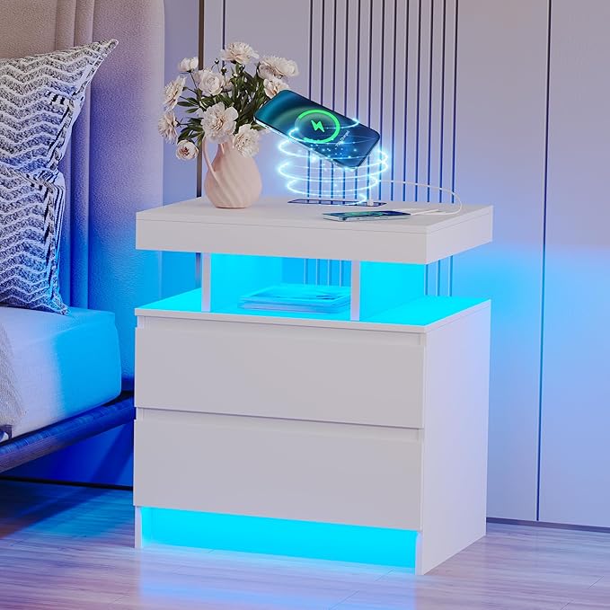 dnbss Nightstand with Charging Station and LED Light, Modern Night Stand with 2 Drawers, Smart Nightstand with USB Ports and Wireless Charger, Bedside Table for Bedroom, White