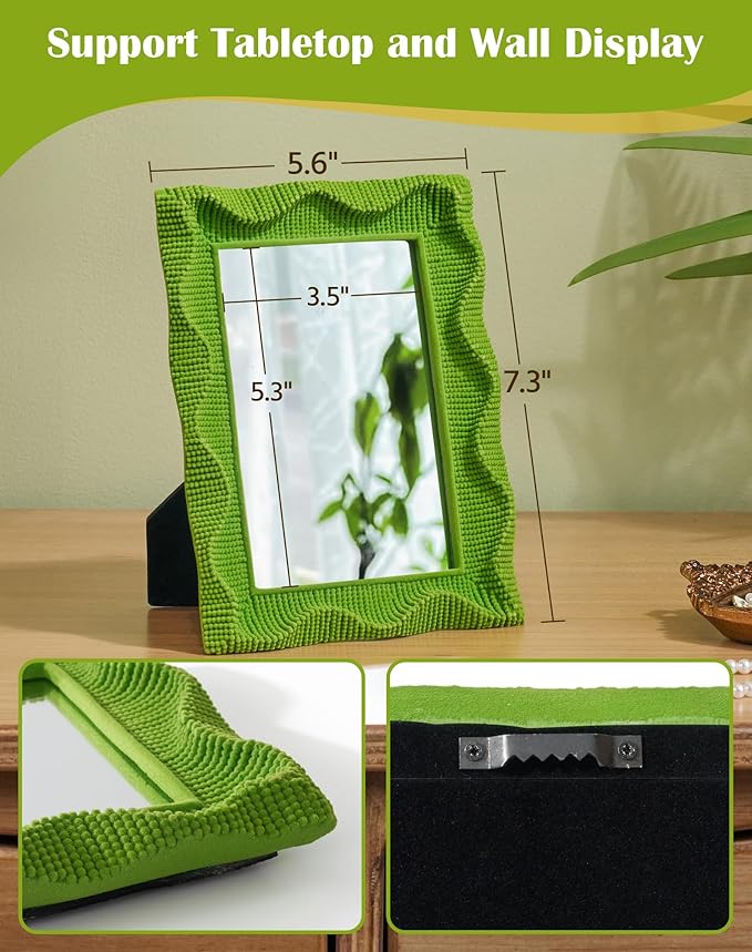 Nature-Inspried Mirror Wall Decor for Bedroom Hallway Guest Room, 7.5x5.7 Decorative Makeup Mirror with Flocking Finish for Desk Gallery Wall, Warm Gift for New Homeowners (Lawn Green)