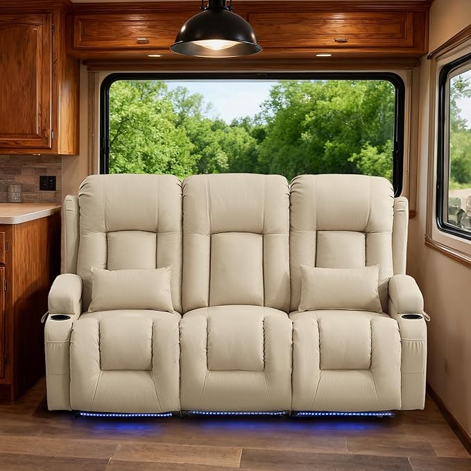 TUNYI Wall Hugger Loveseat Recliner Sofa with Console, Power Reclining Loveseat RV Couch with Massage & Heat/USB/Outlet/Storage/LED Light (Beige, 3 Seat)