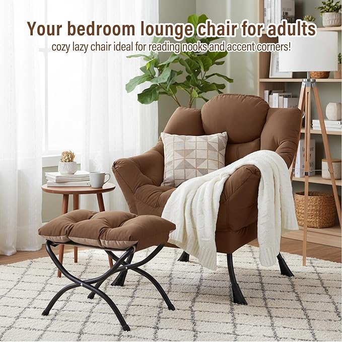 Lazy Chair with Ottoman, Modern Accent Chair with Folding Footrest, Dark Brown Sofa Chair Set, Comfortable Reading Chairs, Oversized Armchairs for Bedroom, Study, Living Room, Courtyard