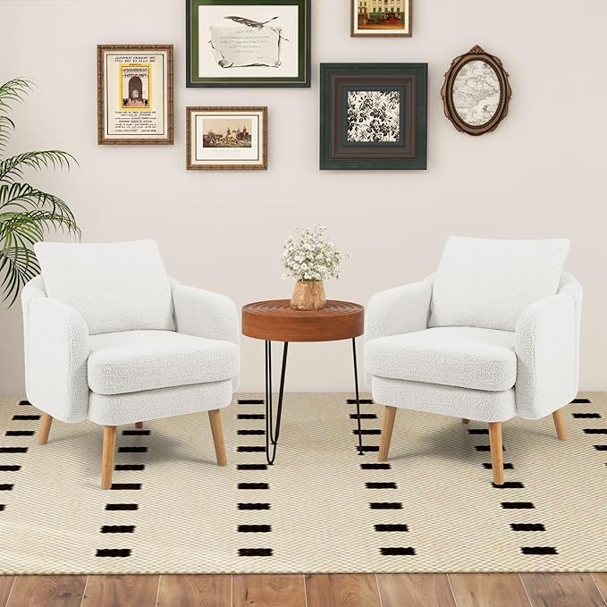 Giantex Sherpa Accent Chair Set of 2, Modern Upholstered Single Sofa Chair with Back Pillow & Solid Rubber Wood Legs, Teddy Barrel Arm Chair for Reading, Living Room, Bedroom, Office, White