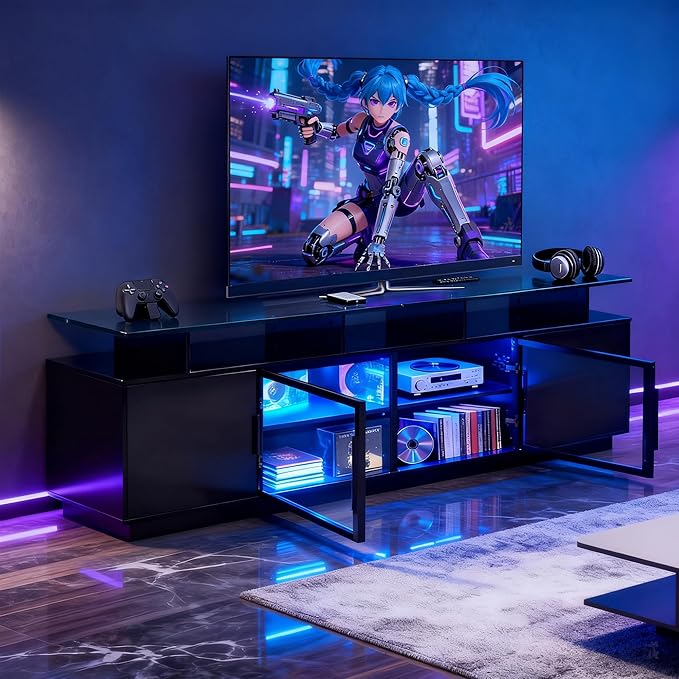 70 Inch Black TV Stand with LED Lights, Power Strips, and USB Charging Station for Mobile Phones, Transparent Glass Door Storage Cabinet, Entertainment Center with Large Storage Space