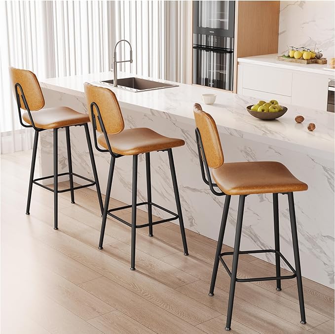 29-Inch Leather Bar Stools Set of 3, Counter Height Barstools with High Backrest，Bar Chairs for Kitchen Island with Heavy Duty Metal Legs, Brown