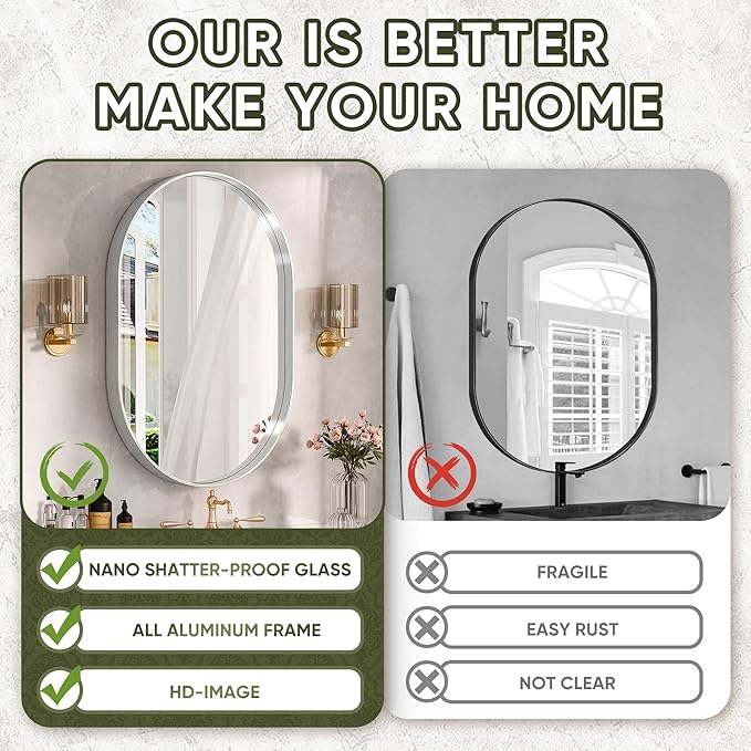 Suidia 24" x 36" Bathroom Mirror, Bathroom Vanity Mirror Metal Framed, Wall-Mounted Mirrors for Bedroom, Living Room, Entryway, Hallway, Silver, Oval Style