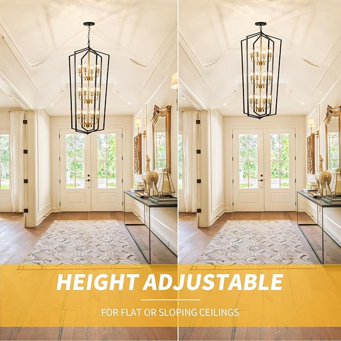 WJShome Modern Black and Gold Chandelier, 12-Light Tiered Lantern Pendant Light Fixture, Long Chandeliers for High Ceilings, Farmhouse Foyer Lighting Fixtures, for Living Room Staircase Entryway