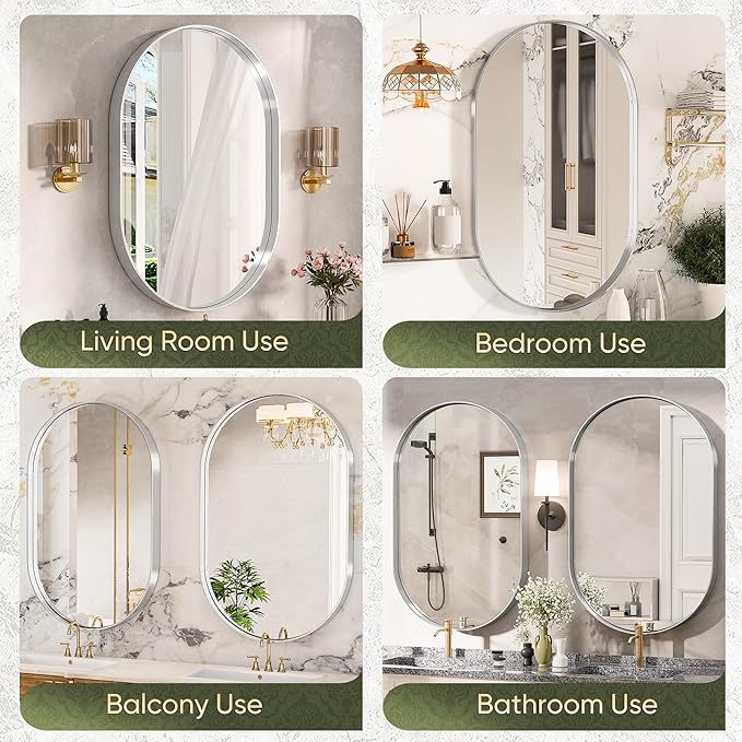 Suidia 26" x 38" Bathroom Mirror, Bathroom Vanity Mirror Metal Framed, Wall-Mounted Mirrors for Bedroom, Living Room, Entryway, Hallway, Silver, Oval Style