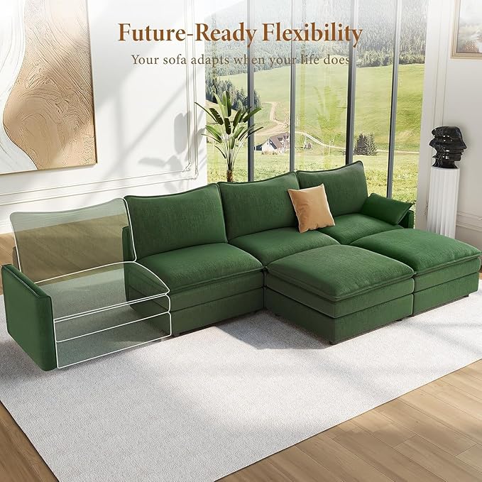 Vesgantti 108" U Shaped Sectional Couch, Comfy Cloud Modular Sectional Sofa with 2 Ottoman Deep Seat Chenille Modern Cloud Sofa, Modular Sofas for Living Room, Bedroom and Apartment, Green | Sink-in Comfort, Height Adjustable, Easy Rearrangement, Extra...