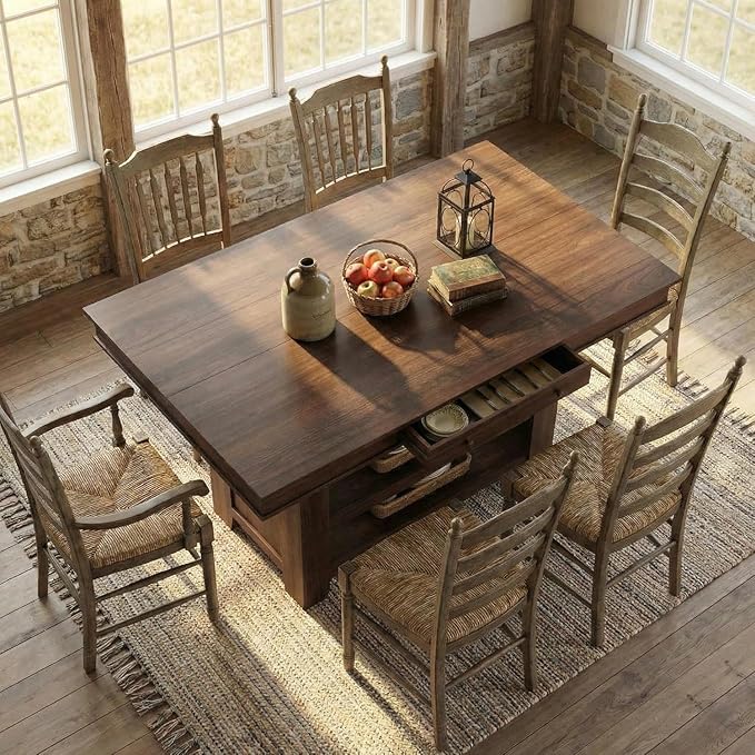 GAOMON 36" Tall Farmhouse Counter Height Dining Table for 4-6, Wooden Bar Height Kitchen Table with Thick Top, Deepened Wine Rack & Shelves, 2 Drawers, Rectangular, for Bar, Kitchen, Pub, Retro Brown