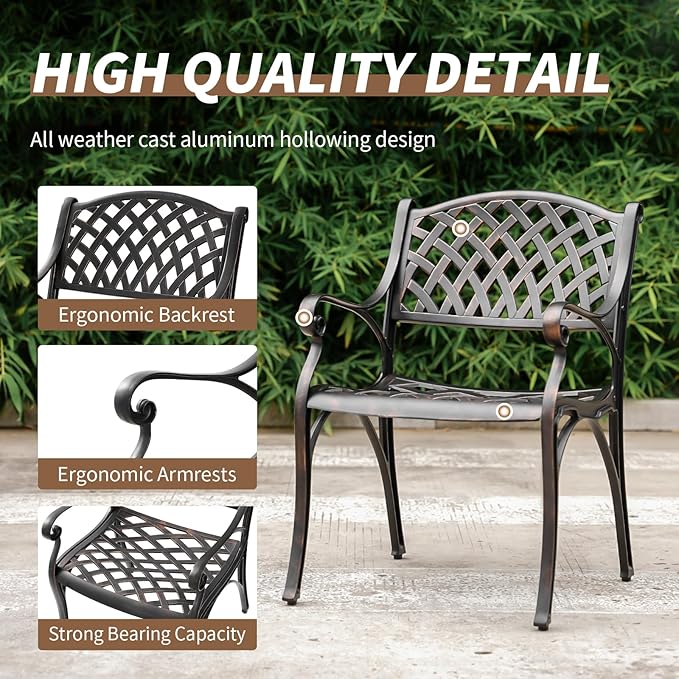 Outdoor Cast Aluminum Chairs Set of 2, Patio Dining Chair with Armrest, All-Weather Patio Bistro Chair Set with Adjustable Foot Pads for Balcony, Lawn, Garden, Backyard
