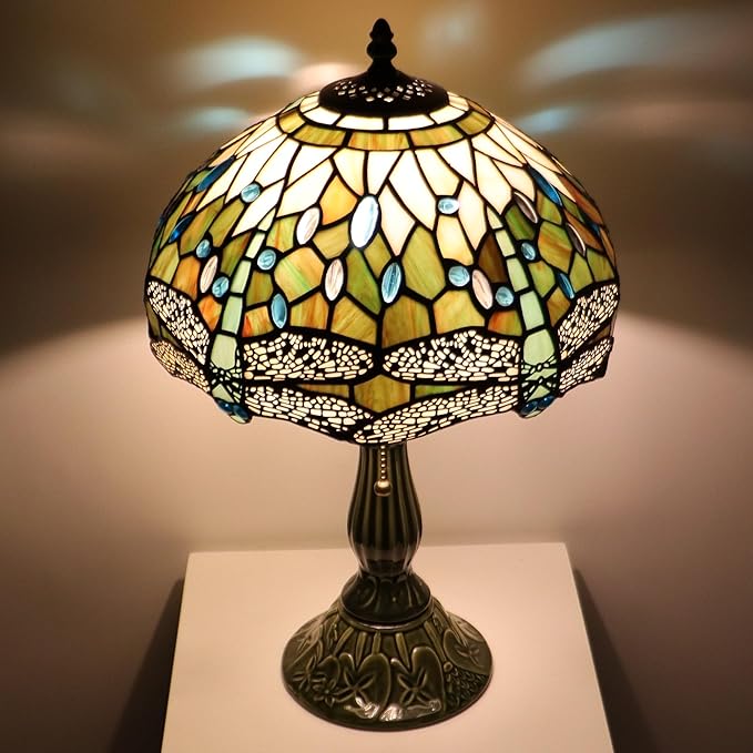 Tiffany Lamp Stained Glass Table Lamps Amber White Dragonfly Style Desk Lamp 12X12X18.5 Inch Bronze Ceramic Base Reading Light Suitable for Bedside Bedroom Living Room Dining Room Office