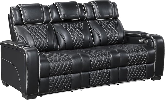 Lexicon Power Double Reclining Sofa, Center Drop-Down Table with Heat/Massage/Headrest/Storage Arms/Cup Holders/LED Lights/Wireless Charging, Top Grain Leather Match Wall Hugger Recliner Sofa, Black