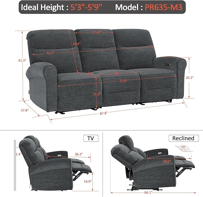 MCombo 87.8" Wall Hugger Power Reclining Sofa with Drop Down Table, 3-Seater Recliner Couch for Small Spaces Living Room RV, USB Ports, Fabric PR635M3 (Dark Grey)