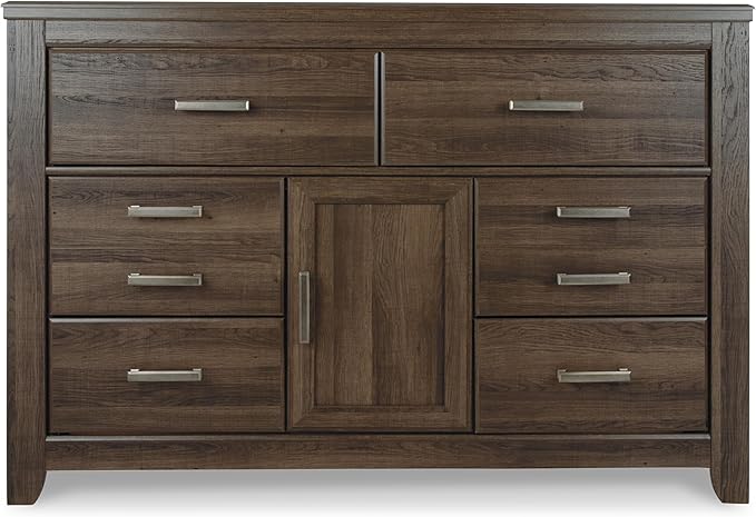 Signature Design by Ashley Juararo Vintage Smooth-Gliding 6-Drawer Dresser and Mirror with Safety Stop, Cabinet and Adjustable Shelf, Dark Brown