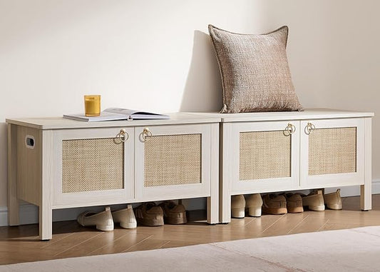 SICOTAS Rattan Shoe Bench - 2 Pieces Farmhouse Shoe Organizer Bench with Lift Top Storage and Hidden Cabinet, Boho Shoe Rack Cabinet for Entryway, Hallway, Bedroom (White Cream Oak)